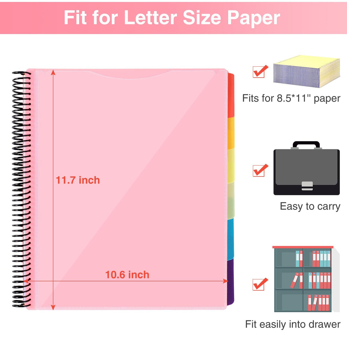 Forvencer 24 Pocket Project Organizer, 1/3-cut Tab Binder Organizer with Sticky Labels, Multi Pocket Folder with Zipper Pouch, Folder Binder Spiral Pocket Notebook, Office Supplies
