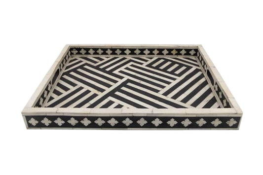 Hansa Industries Handmade Bone Inlay Serving Tray Rectanglular Geometrical Pattern Decorative Coffee Tray Platter Table Decor