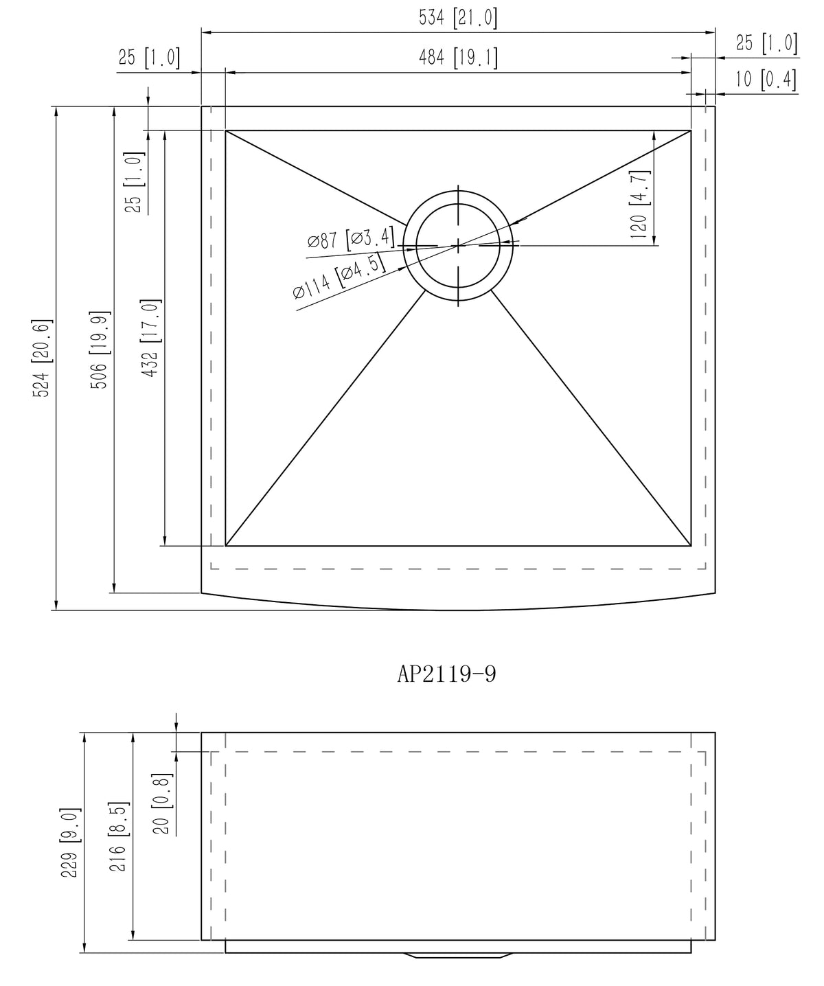 Alpha Sinks 21" Apron Front Farmhouse Sink - Stainless Steel, Single Bowl, 16-Gauge T304, Curved Apron Design - Premium Construct, Fast Drainage, Non-Toxic, Soundproof - Ideal for Modern Kitchens