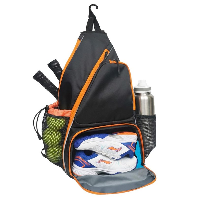 Alveroya Amber Orange Pickleball Sling Bag with Shoe Compartment for Men Women, Lightweight 2-3 Paddle Crossbody Backpack, Sports Bag with Water Bottle Pocket & Fence Hook