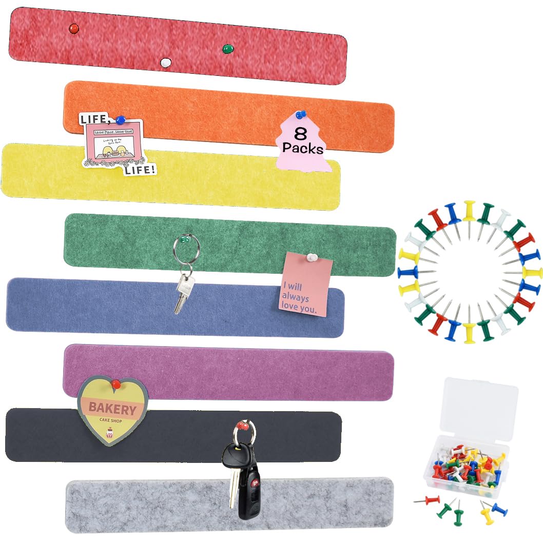 Vuzvuv 8 pcs Bulletin Board Bar Strips with 50 Pushpins & 10 Wooden Clip pins，Self Adhesive Cork Board for Wall，Felt Pin Board for School，Office Decor(Colour)