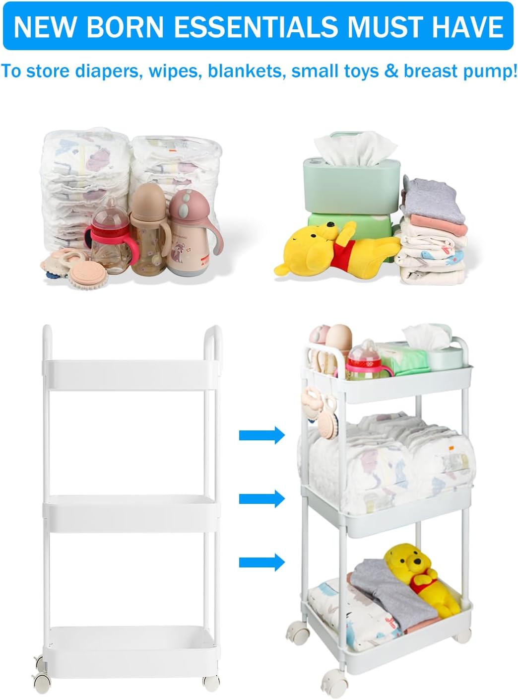 Volnamal Diaper Caddy Organizer - 3-Tier Movable Cart with Wheels for Newborn Essentials | White Plastic