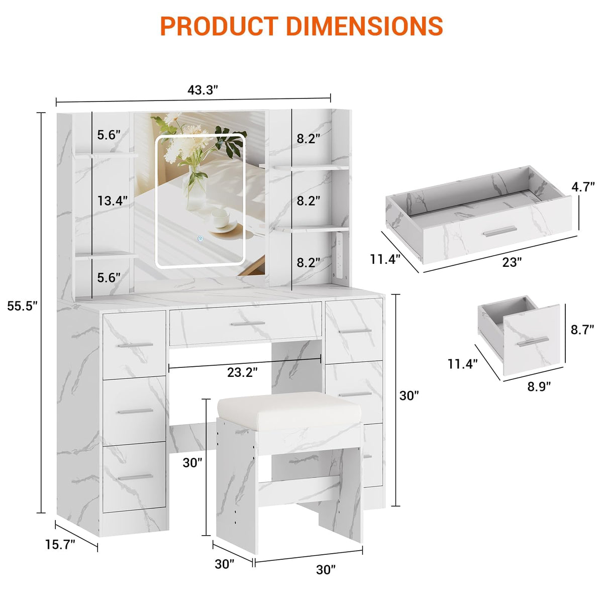 7-Drawer White Vanity Desk with Lighted Mirror & Dimmable LED Lights,Makeup Vanity Set with Power Outlets & USB Ports, 3 Color Lighting Modes, Cushioned Stool & Hair Dryer Holder, Dressing Table for