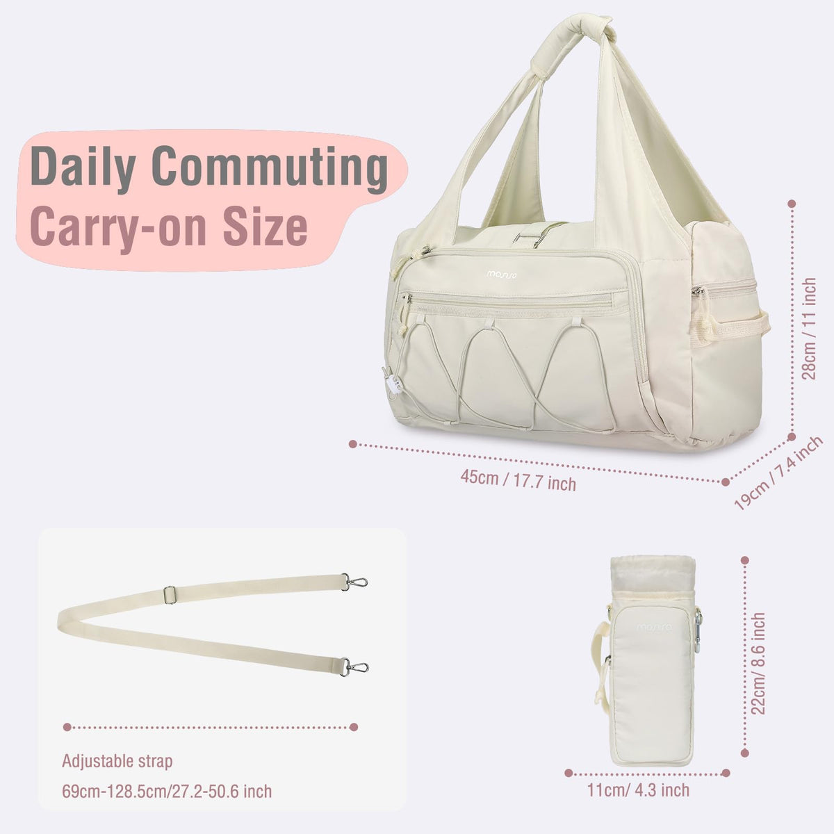 MOSISO Gym Bag for Women, Travel Duffle Weekender Overnight Workout Carry on Small Tote Sport Gym Duffle Bag with Shoe Compartment&Wet Pocket&Water Bottle Holder for Fitness, Yoga, Weekend, Beige