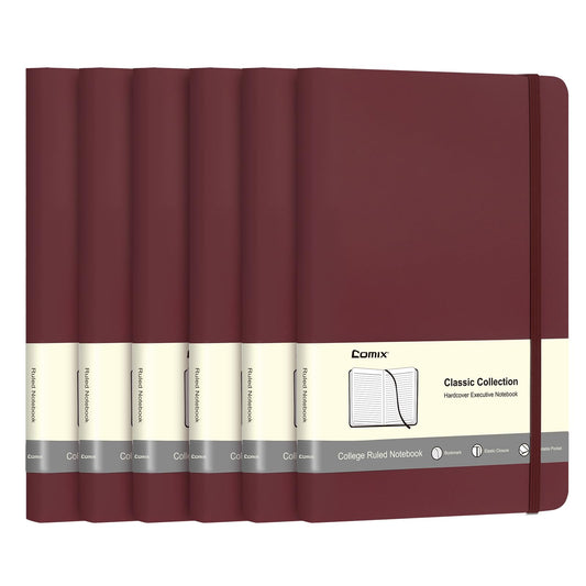 Comix 6 Pack Lined Journal Notebooks, 240 Pages, 5.5 x 8.3 inch, Burgundy, A5 Medium Hardcover Notebooks, Classic College Ruled Notebooks for Writing