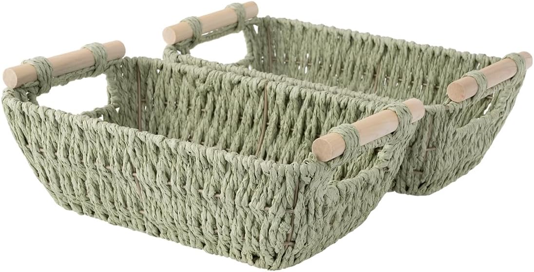 StorageWorks Round Woven Basket - Paper Rope with Wooden Handles | Bosana Green, 2-Pack for Gifts & Storage