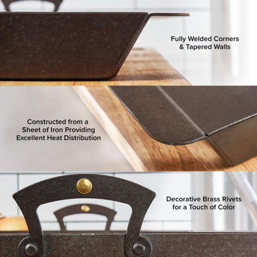 Classic Cuisine Iron Roasting Pan - Pre-Seasoned with Brass Handles & Flanged Edges | Versatile Cookware for Oven, Stovetop & Grill