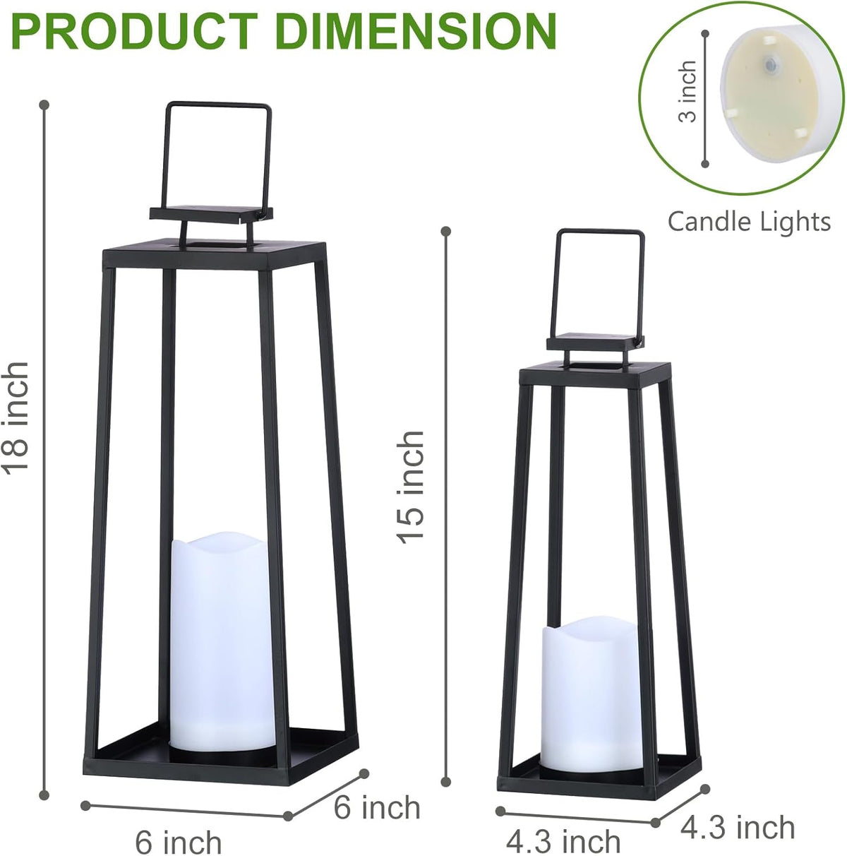 Skiennix Solar Lantern Set of 2 - Modern Black Metal Lanterns with Solar Candles for Outdoor Decor | 18” & 15”