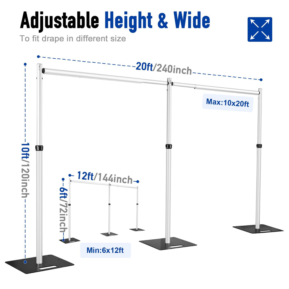 Hecis Heavy Duty Backdrop Stand, 10x20Ft Double Crossbar Pipe and Drape Stand Kit, Adjustable Banner Stand, Back Drop Stand for Party Event, Trade Shows & Wedding Decor