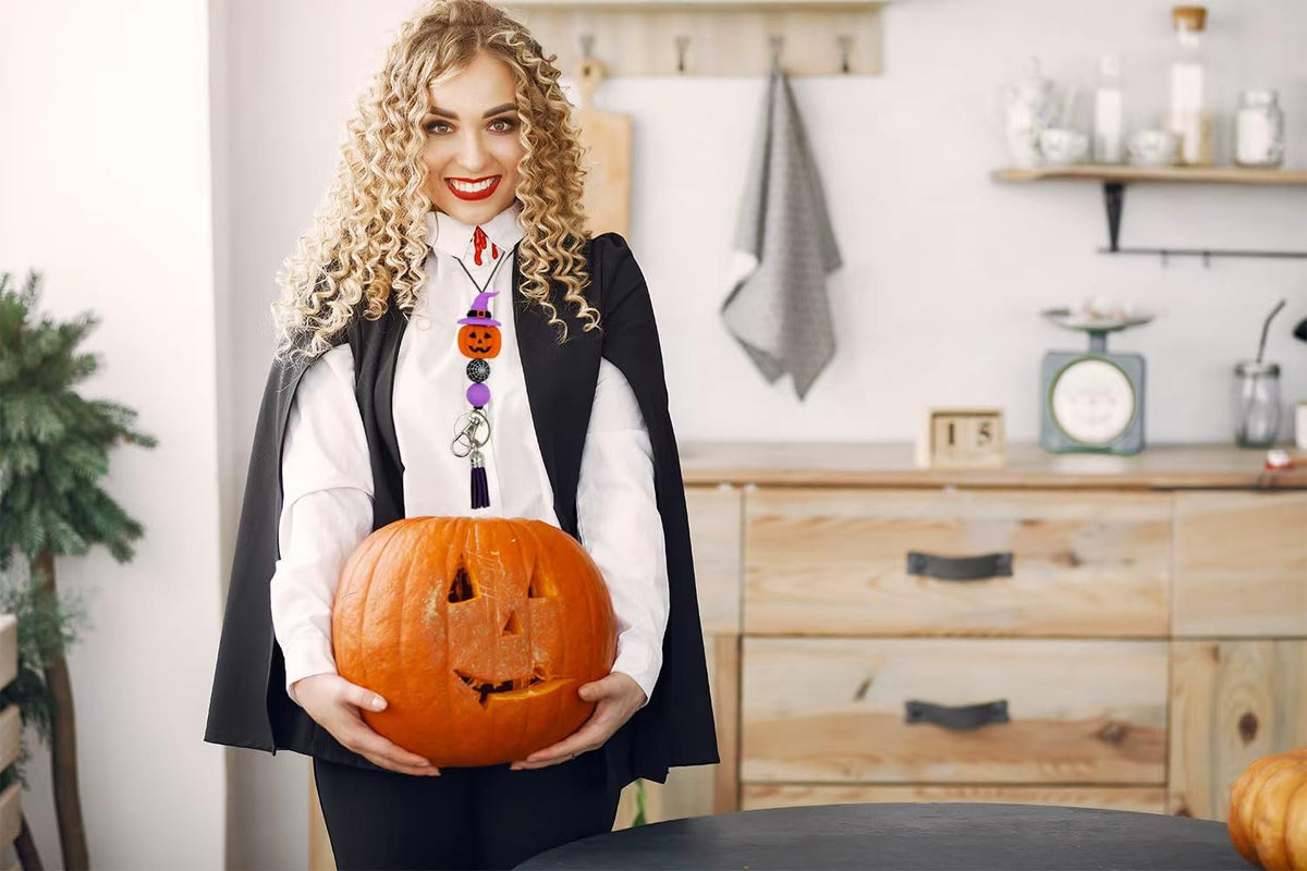 Halloween Teacher Lanyard Fall Pumpkin Ghost Badge Holder with Tassel Cute Silicone Beads Breakaway ID Lanyard for Women