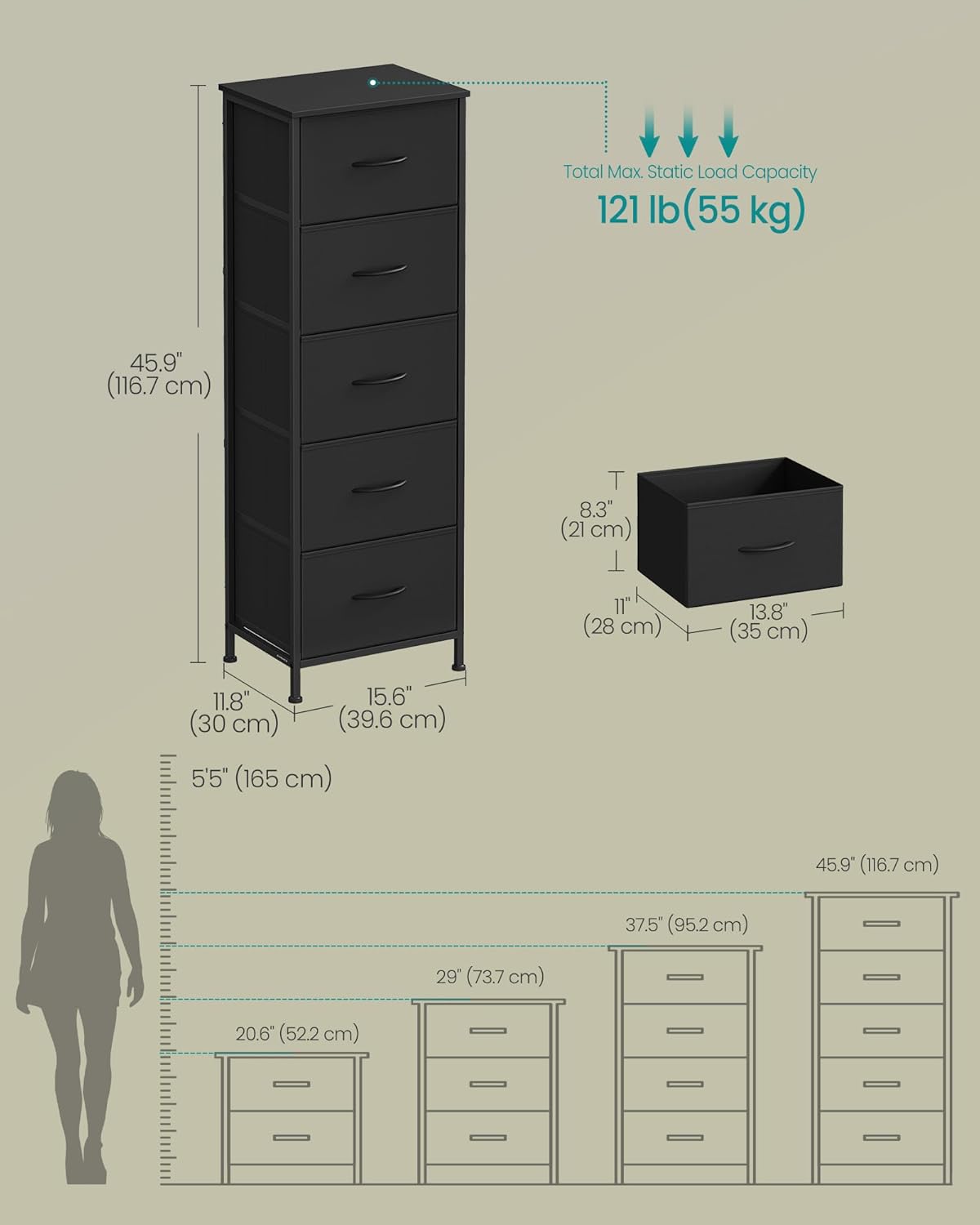 SONGMICS Dresser - Stylish Chest of Drawers with 5 Non-Woven Fabric Bins | Ink Black & Ebony Black