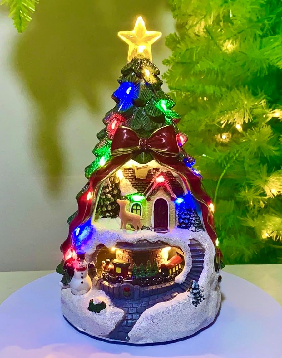Musical Christmas Village with Spinning Train & Deer | Pre-Lit Artificial Tree - Battery & USB Operated