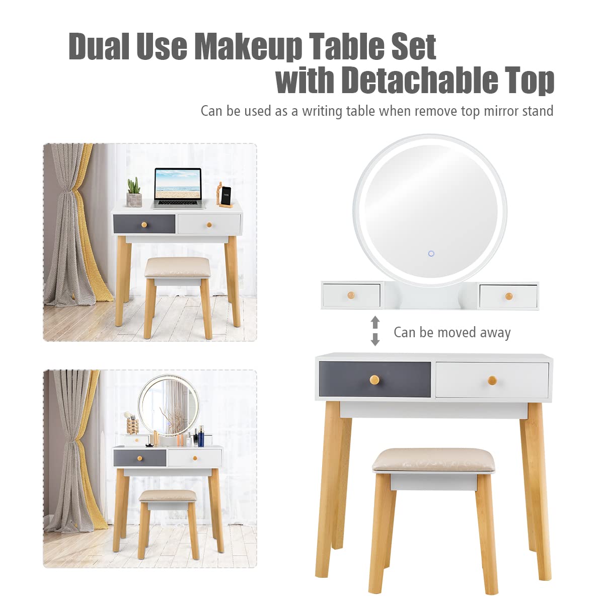 Vanity Set, Touch-Screen LED Round Mirror, Dressing Table with Cushioned Stool, 4 Storage Drawers &Spacious Desktop, 3 Adjustable Light Colors, Makeup Table and Stool Set for Women Girls, White + Gray