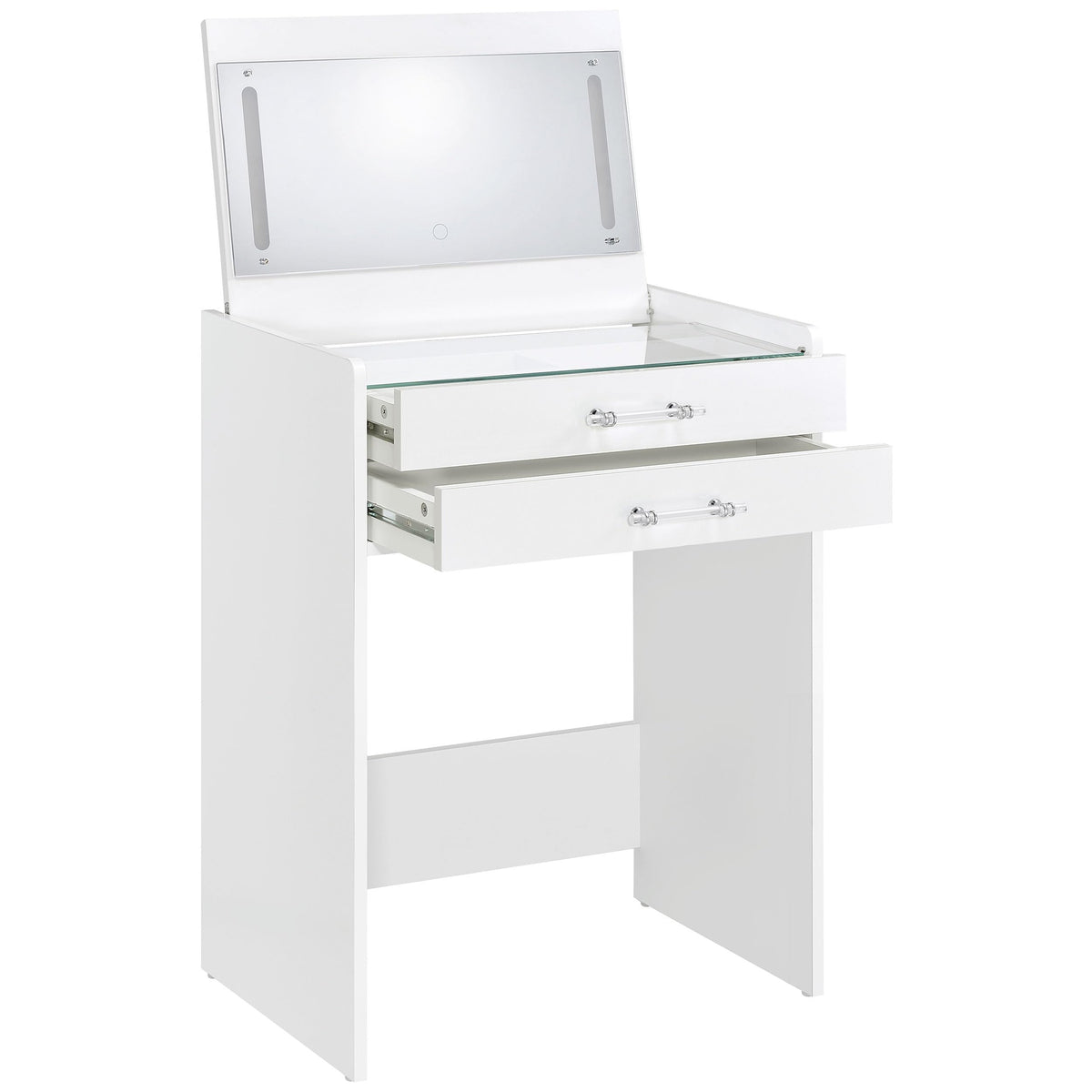 Coaster Home Furnishings Danbury Contemporary 2-Piece 2-Drawer Makeup Vanity Desk with LED Light Vanity Mirror Tempered Glass Top with Vanity Chair White High Gloss 930208