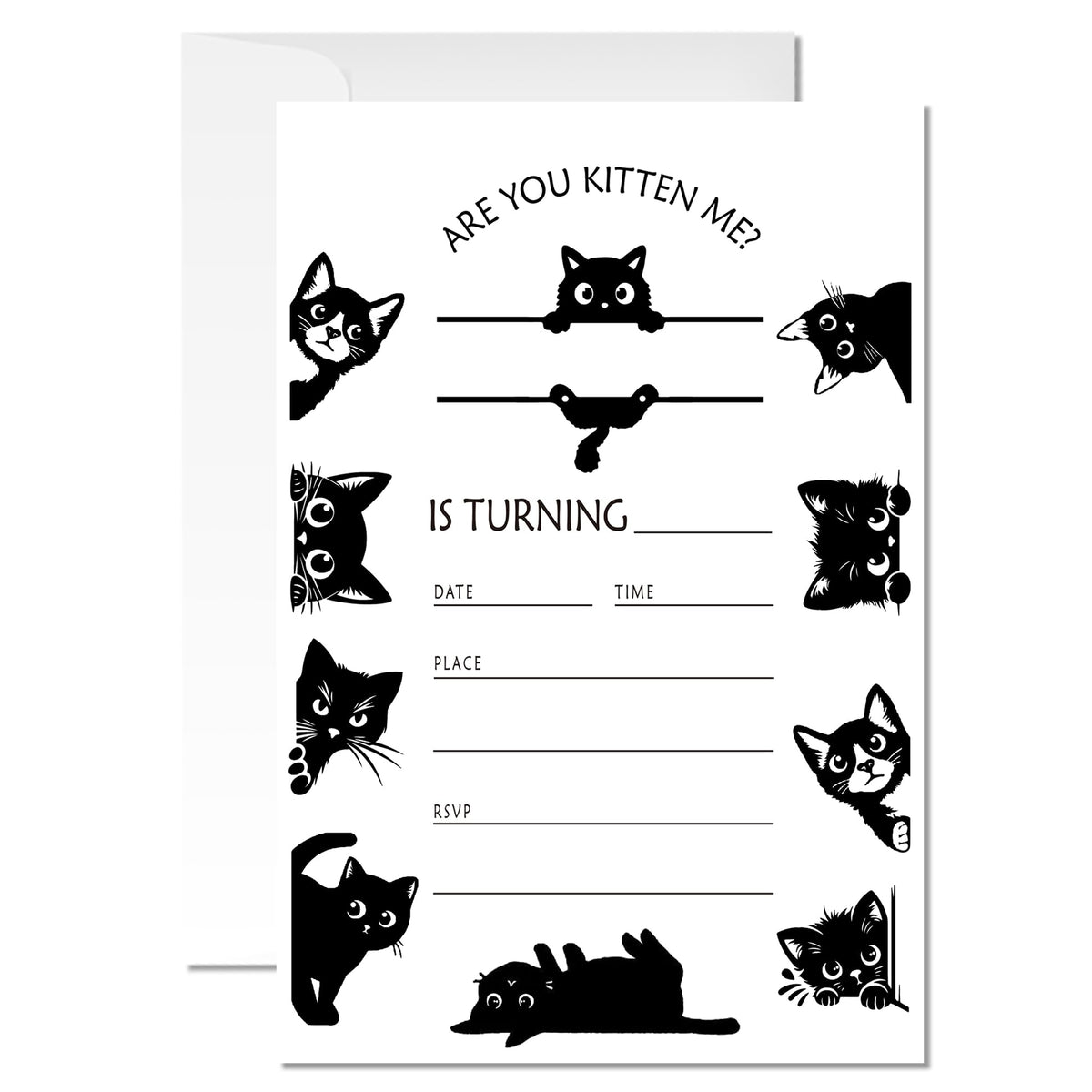 ZYQFN 20 Black Cat Birthday Invitations for Girls Boys Kids Adult with Envelopes - 4x6 Inch Kitten Card, Cute Pet Themed Party Invites. (030)