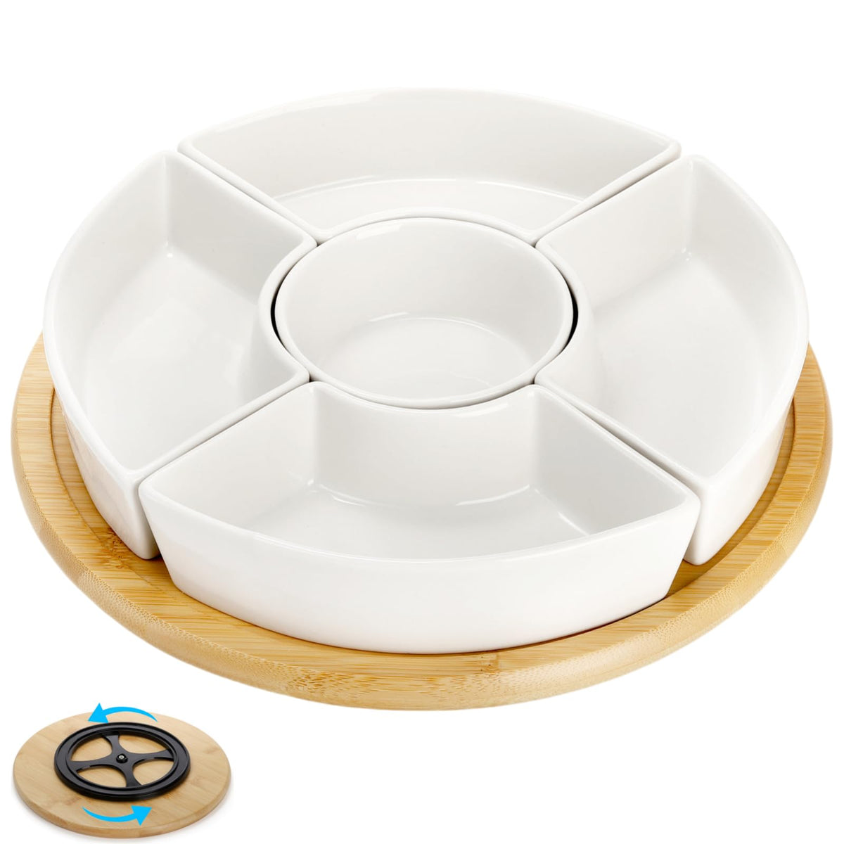 Lyellfe Divided Serving Dish Lazy Susan, 360° Rotatable Porcelain Appetizer Snack Tray Platter for Fruit, Veggies, Candy, Relish Tray for Christmas Thanksgiving Party, 5 Removable Compartment, White