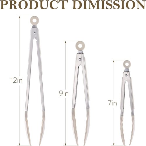 CAROTE Kitchen Tongs - Heat Resistant Stainless Steel with Non-Scratch Silicone Tips | Set of 3 (7", 9", 12")