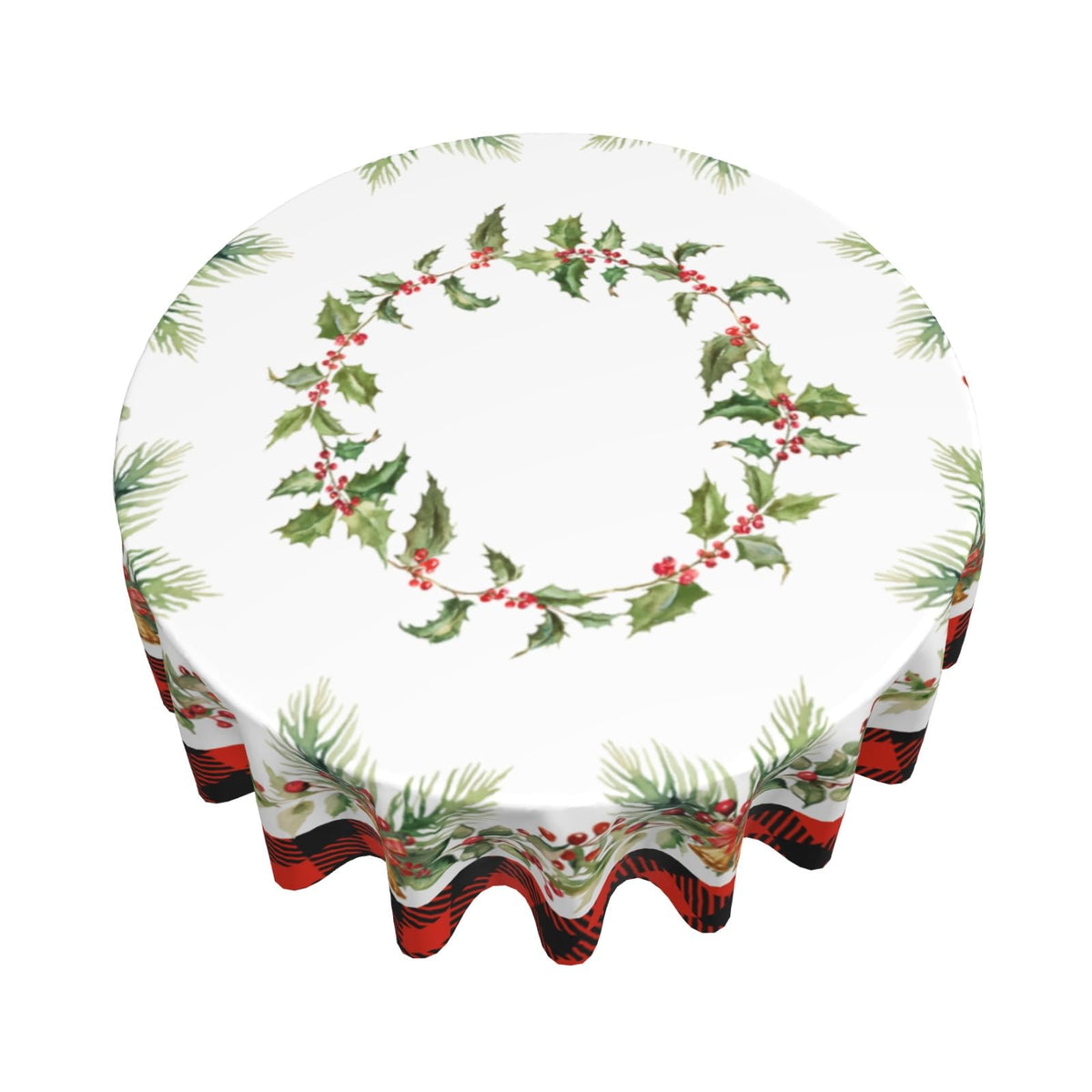 Giwawa Christmas Round Tablecloth for Kitchen Dining, 60Inch Xmas Holly Berries Bells Bows Table Cloth, Red Black Buffalo Plaids Non-Slip Table Cover for Holiday Picnic Tabletop Decor