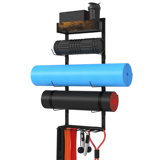 Yoga Mat Holder Wall Mount - Tool-free Adjustable Yoga Mat Rack Shelf, All-in-one Foam Roller Holder for Resistance Bands & Blocks, Space-saving Home Gym Organizer for Small Space Training Storage