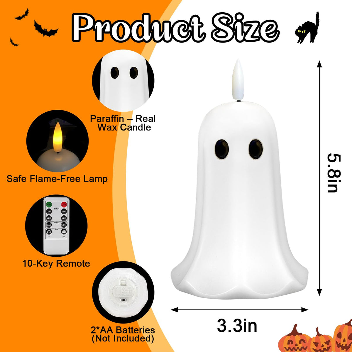 Halloween Ghost Flameless Candle with Timer – LED Candle with Flickering Flame, Real Wax, Remote Control, Spooky Halloween Decorations Indoors, Cute Tabletop Decor for Mantel Home, Battery Operated