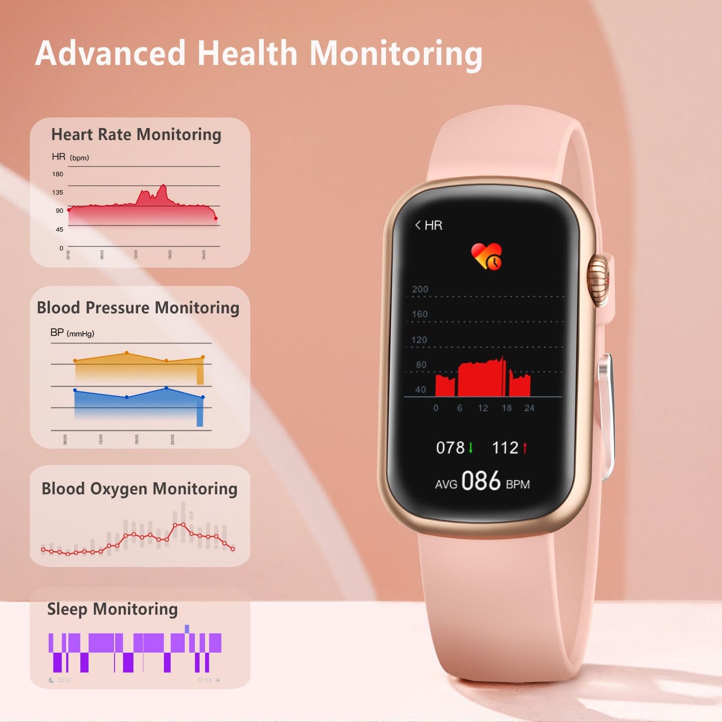 FITVII Slim Fitness Tracker with Blood Oxygen, Blood Pressure, 24/7 Heart Rate and Sleep Tracking, IP68 Waterproof Activity Trackers and Smart Watches with Step Tracker, Pedometer for Women Men