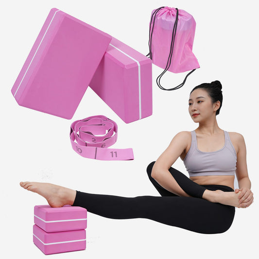 Yoga Blocks 2 Pack with Stretch Strap & Bag – High Density EVA Foam Yoga Block Set, Non Slip Bricks with 11 Loop Strap for Yoga, Pilates, Stretching, Fitness & Rehab (Pink Brick & Pink Band)