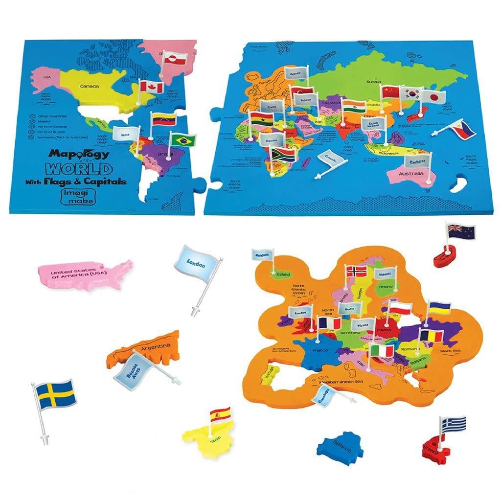 Imagimake Mapology World Map Puzzle - Includes Country Flags & Capitals | Fun Jigsaw Puzzle Kids Ages 5-8 | Educational Toys for Ages 8-13 | Geography Gifts for Girls & Boys 5, 6, 7, 8, 9, 10, 11, 12