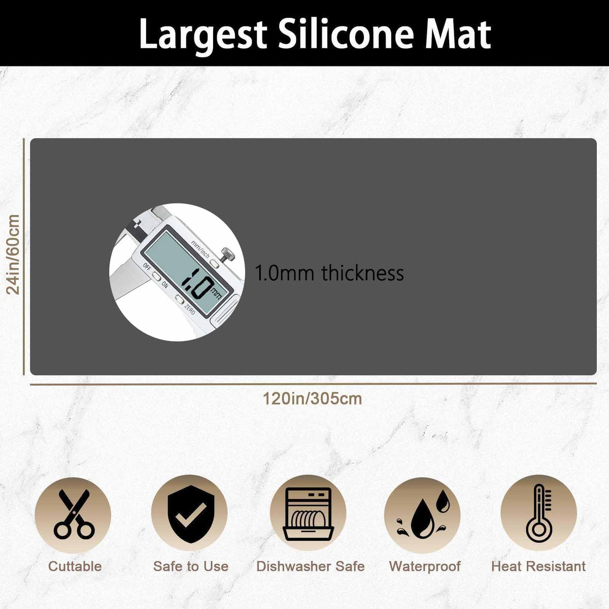 Super Large Silicone Mat, 120"x24"(305cmx60cm) Silicone Mats for Kitchen Counter, Non-Slip Heat Resistant Mat,Thicken Kitchen Counter Mat, Waterproof Countertop Protector for Craft (Dark Grey)