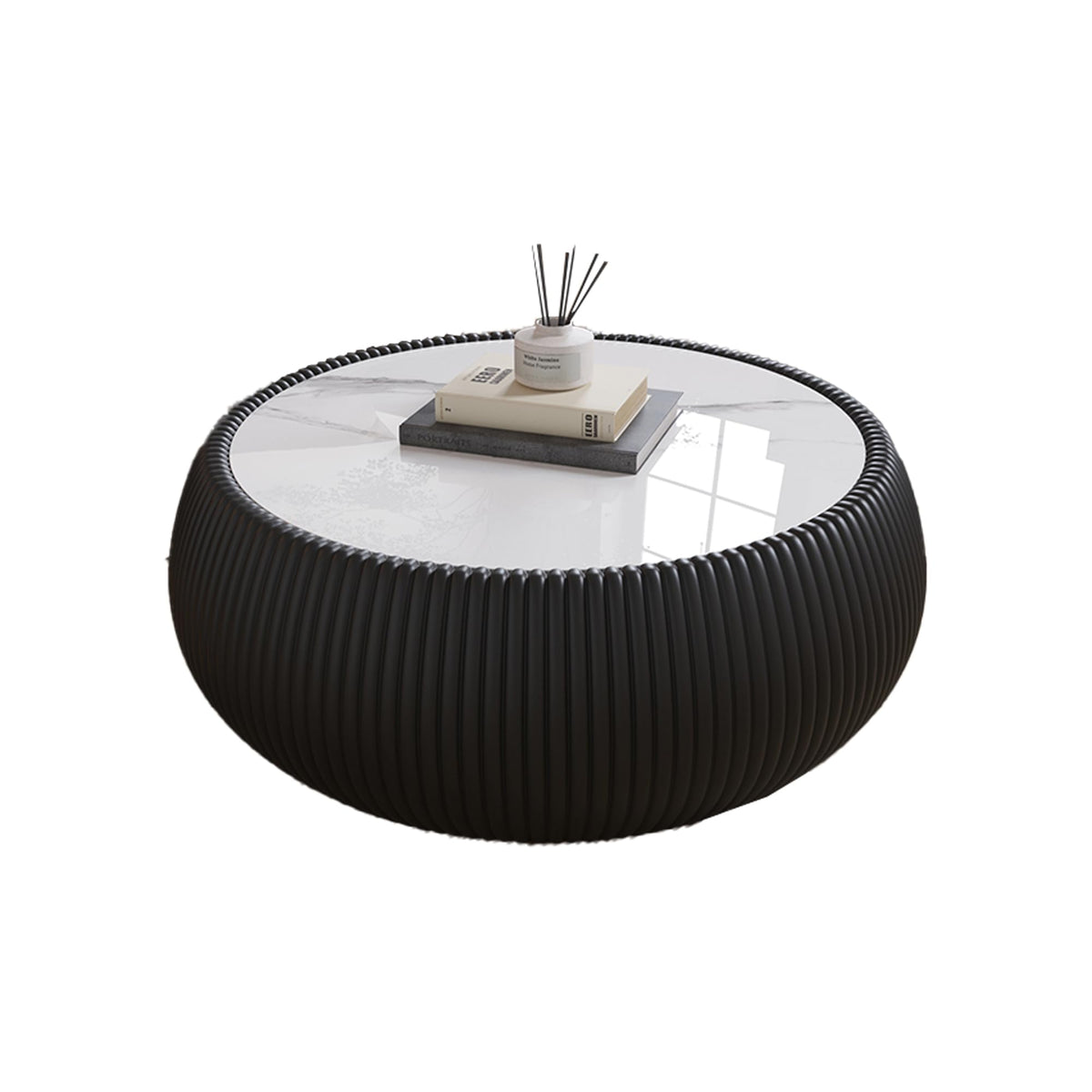 KEIKI Round Coffee Table, Mid Century Modern Tea Tables w/Marble Desktop, No Assembly Required Drum Shaped Corner Center Drink Tables, Accent Side Cafe Desk for Living Room, PU Wrapped Frame, Black