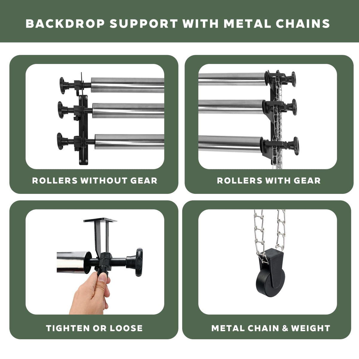 TENBEST Photography Backdrop Roller Support System, 3 Rollers with Metal Chains, 120-inch Stainless Steel Crossbars, Wall/Celing/Light Stand Backdrop Mount, Background Support