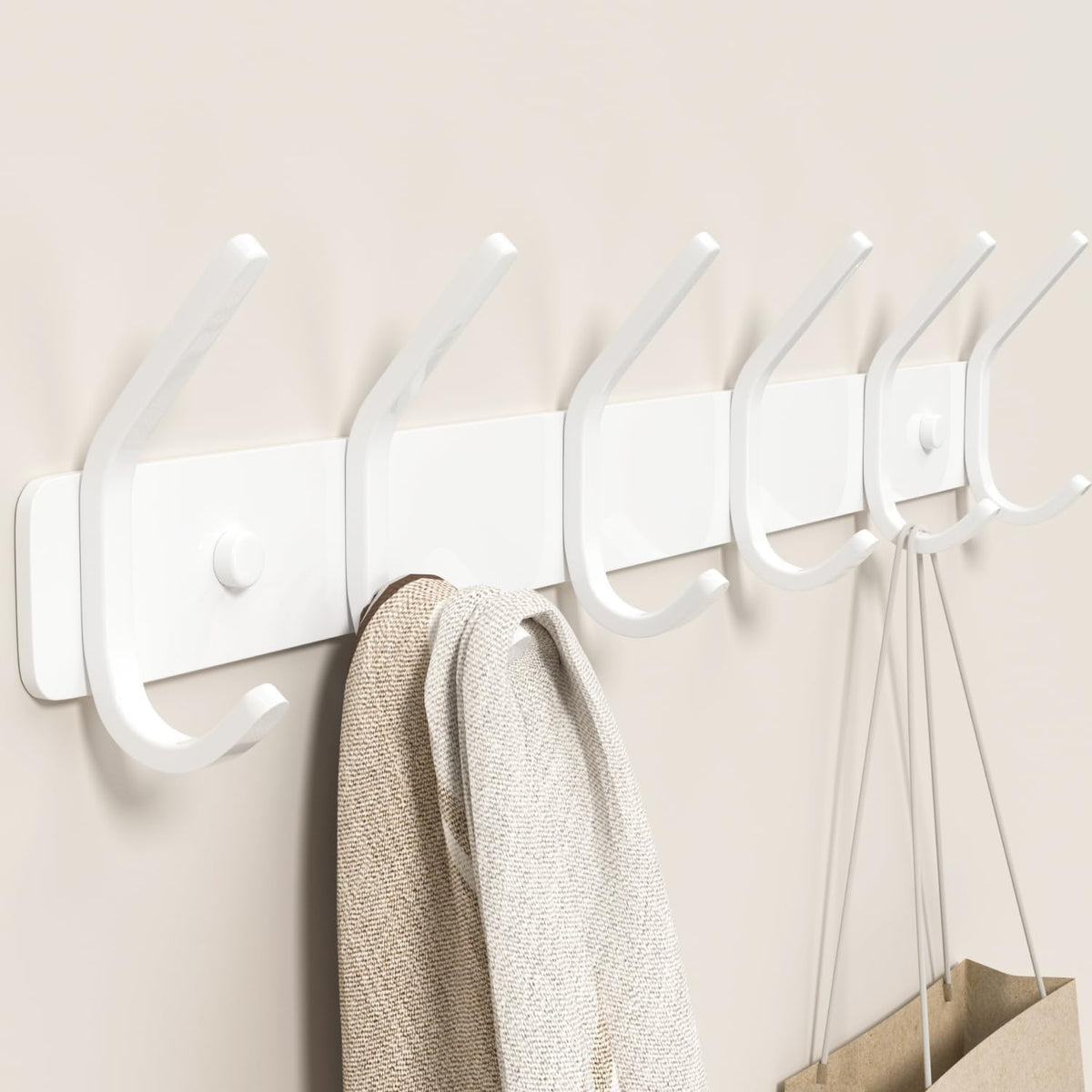 GWAAZXGZ Coat Rack Wall Mount Hooks - 15 Inch Matte White Metal 6-Hook Organizer Wall Mounted, Modern Kids Room, Entryway & Bathroom Hanger for Beach Towels, Coats, Purses, Bags (1 Pack)