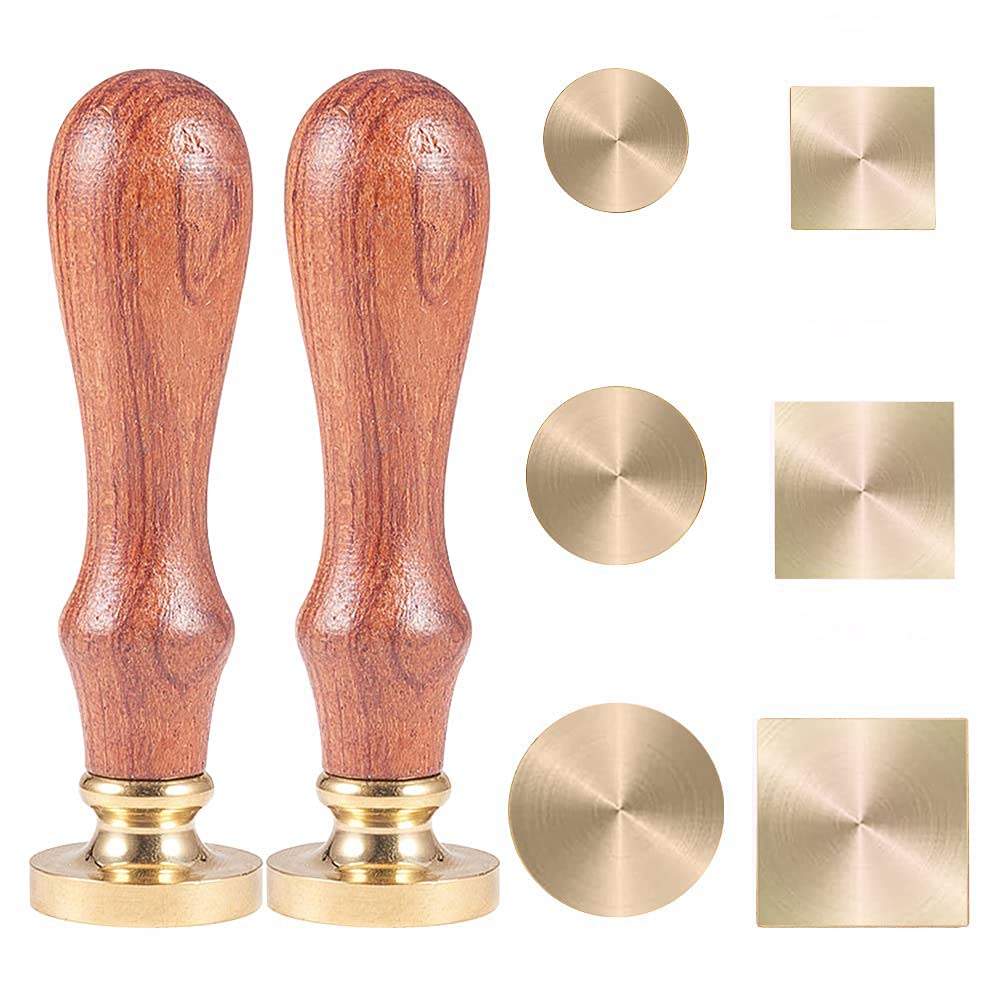 CRASPIRE Blank Wax Seal Stamp Set 6PCS Sealing Solid Brass Stamp Head 20-30.5mm Round Square+2PCS Wood Handle Retro Removable Brass Stamp Kit for Letter Envelope Invitation Wedding Gift Decoration