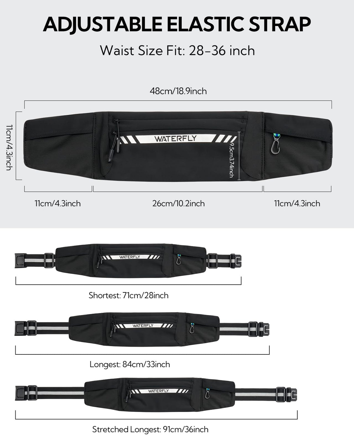 WATERFLY Running Belt Fanny Pack: Slim Breathable 4 Pocket Waist Bag for Men Women Sport Workout Exercise Fitness Phone Holder - Runner Marathon Jogging Waistband Fits ALL Phones Black