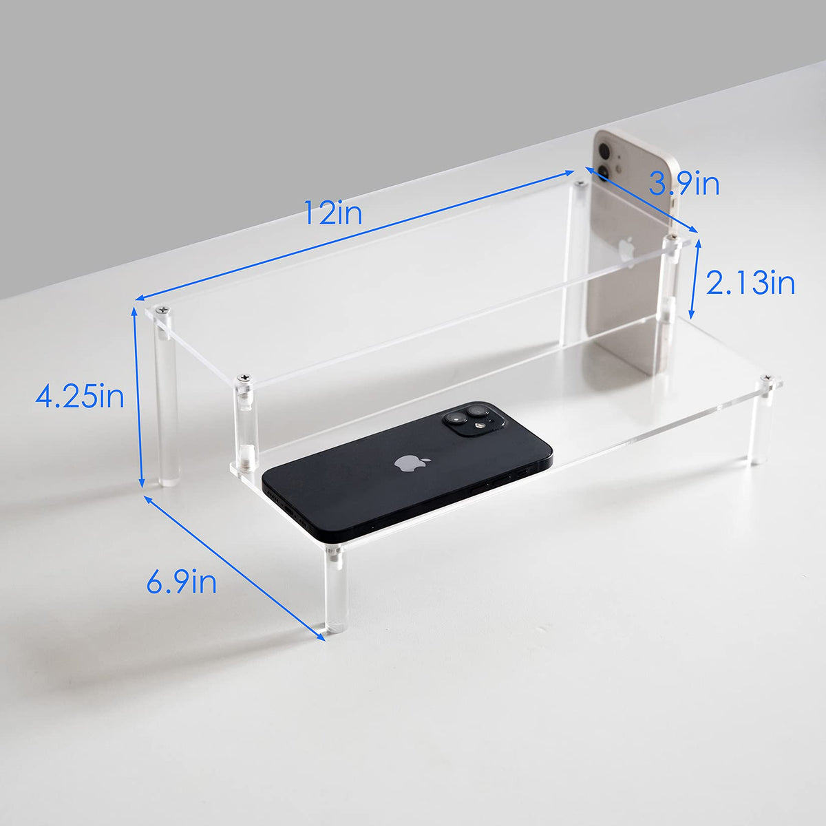 BYCY Acrylic Clear 2-Tier Riser Display Shelf for Figures, Desserts Holder, Collections Organizer and Cosmetic Items Shelf (12" x 6.9" x 4.25")