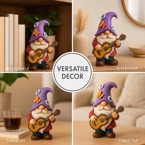 GoGnome Musical Gnome Figurine - Handcrafted 6.2" Tall Garden Decoration with Guitar, Purple Hat & Flowers