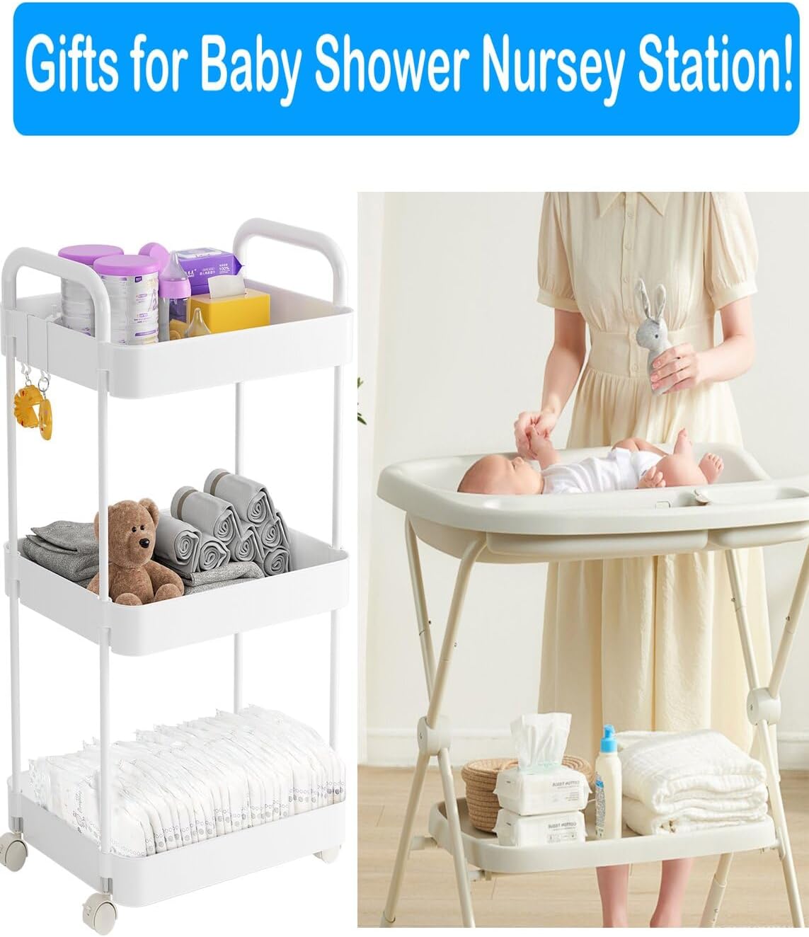 Volnamal Diaper Caddy Organizer - 3-Tier Movable Cart with Wheels for Newborn Essentials | White Plastic