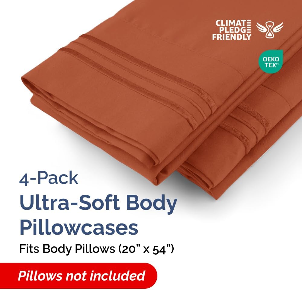 Skiennix Body Pillowcases Set of 4 | Soft & Breathable 20x54 Long Pillow Covers - Comfy, Fade-Free, Machine Washable (Terracotta)
