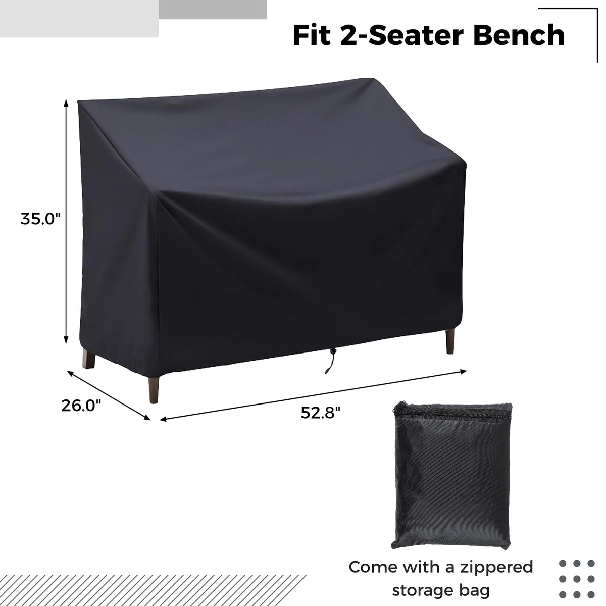 Outdoor Bench Cover, 2 Seater Patio Bench Cover, Waterproof Heavy Duty Furniture Cover with Air Vents, Buckles and Drawcord, All Weather UV Dust Protection for Porch Deck Garden, 53 x 26 x 35 in