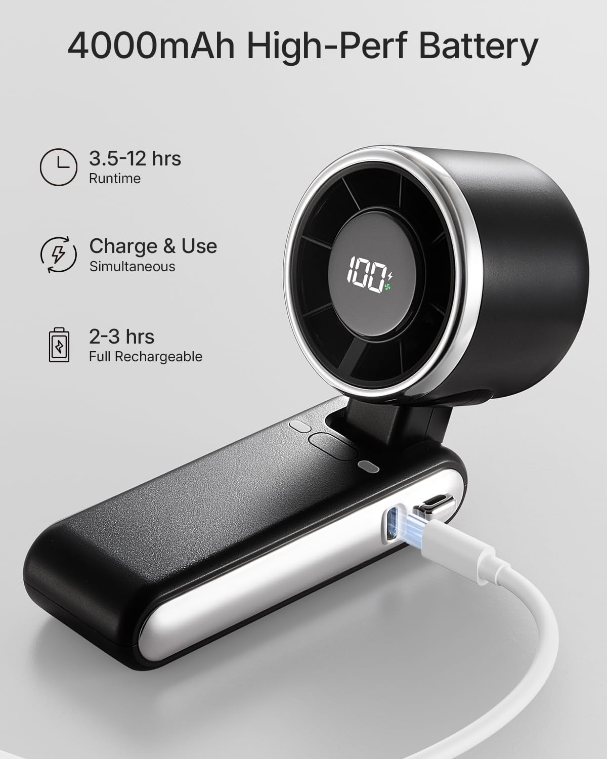 Skiennix Portable Handheld Turbo Fan - 5-Speed Rechargeable Mini Personal Fan | 4000mAh Battery, Ideal for Travel & Beach (Black)
