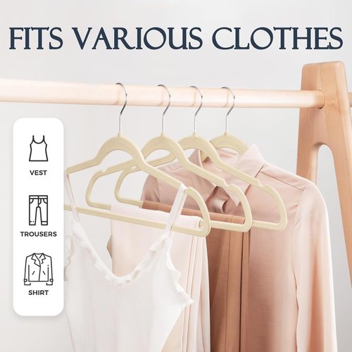 HOUSE DAY Beige Velvet Hangers - 60 Pack Non-Slip Heavy Duty Clothes Hangers | Slim Space-Saving Design with 360° Rotating Hook