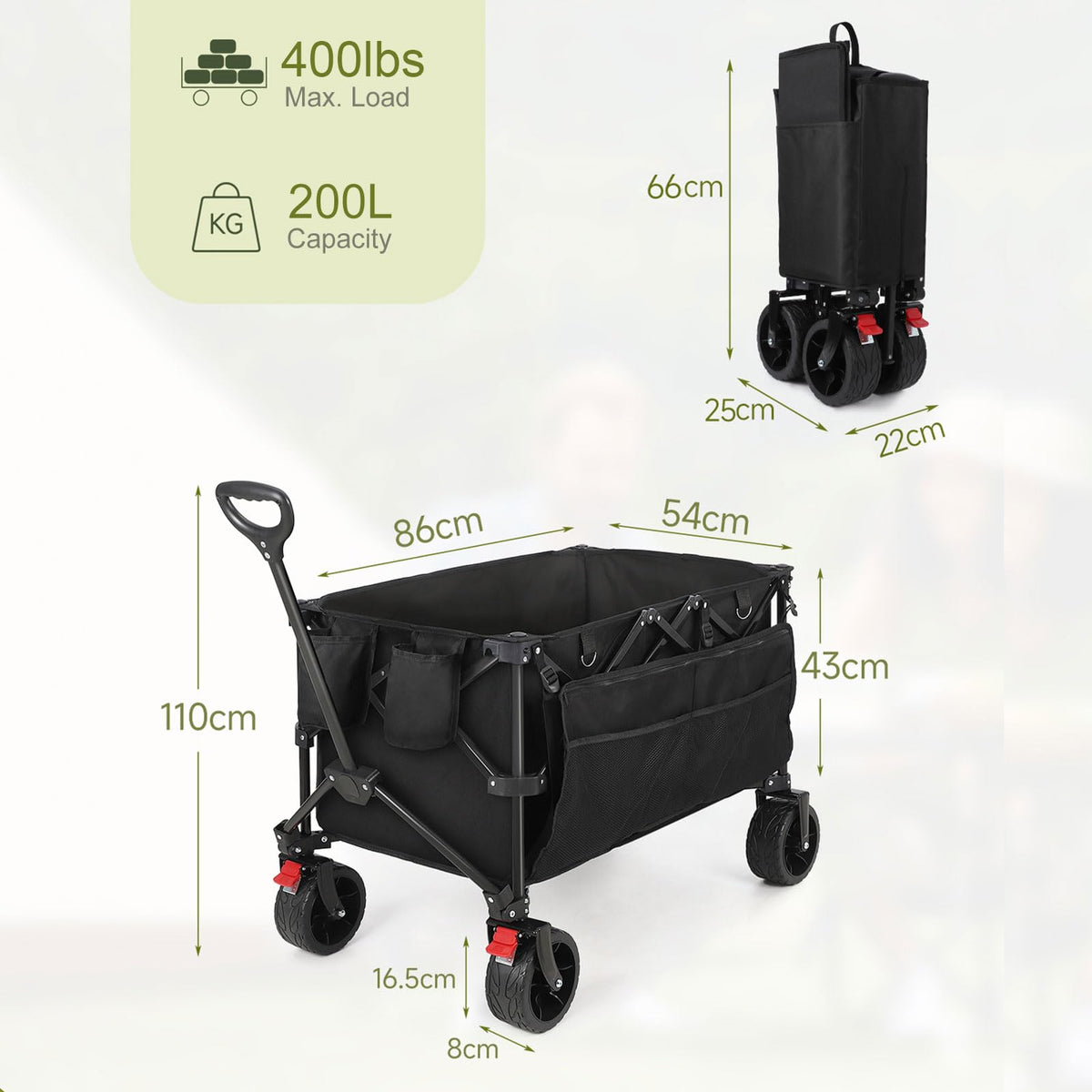HAUSPROFI Collapsible Wagon Cart, 400 lbs Capacity, 7 cu ft (200L) Large Storage, Heavy Duty Foldable Utility Wagon with Pockets, Beach Wagon with Big Wheels for Sand, Garden, Camping & Grocery