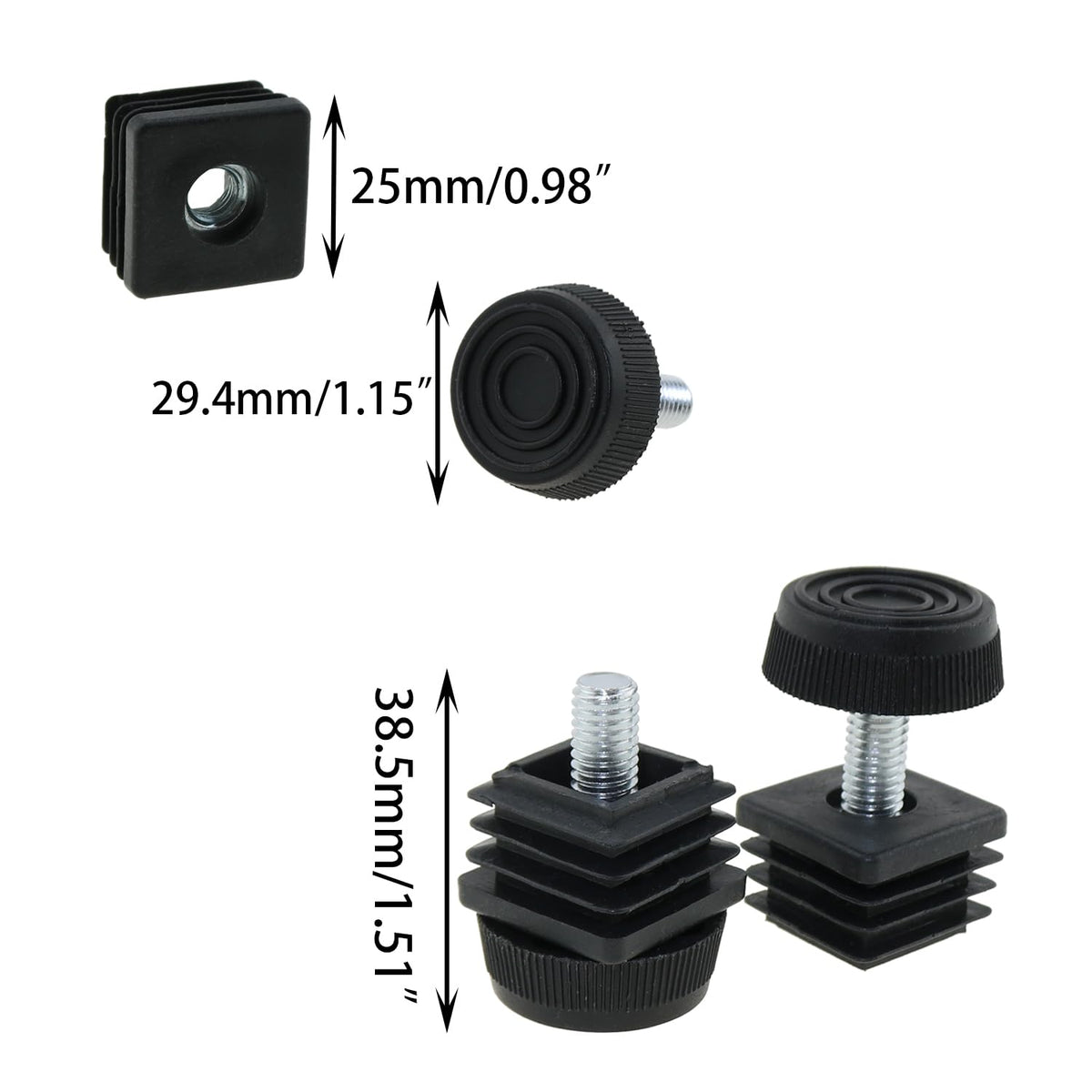 DGZZI 4PCS Plastic Metal Square Tube Insert Kit Adjustable Levelling Feet Black Furniture Adjustable Feet Nut Pipe Plug Supporting Feet for Mechanical Equipment and Fitness Equipment and Rack