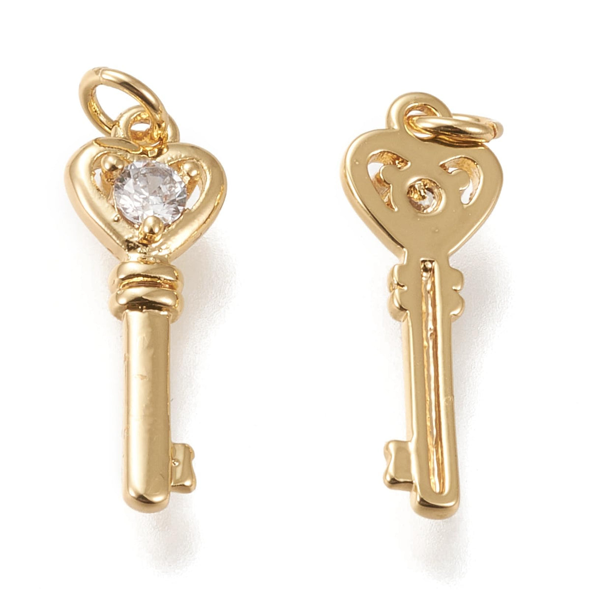 Ipotkitt 10 Pcs Brass Micro Pave Cubic Zirconia Heart Key Charms Golden Clear Hanging Ornaments Skeleton Key Charms for DIY Bracelet Necklace Earrings Making