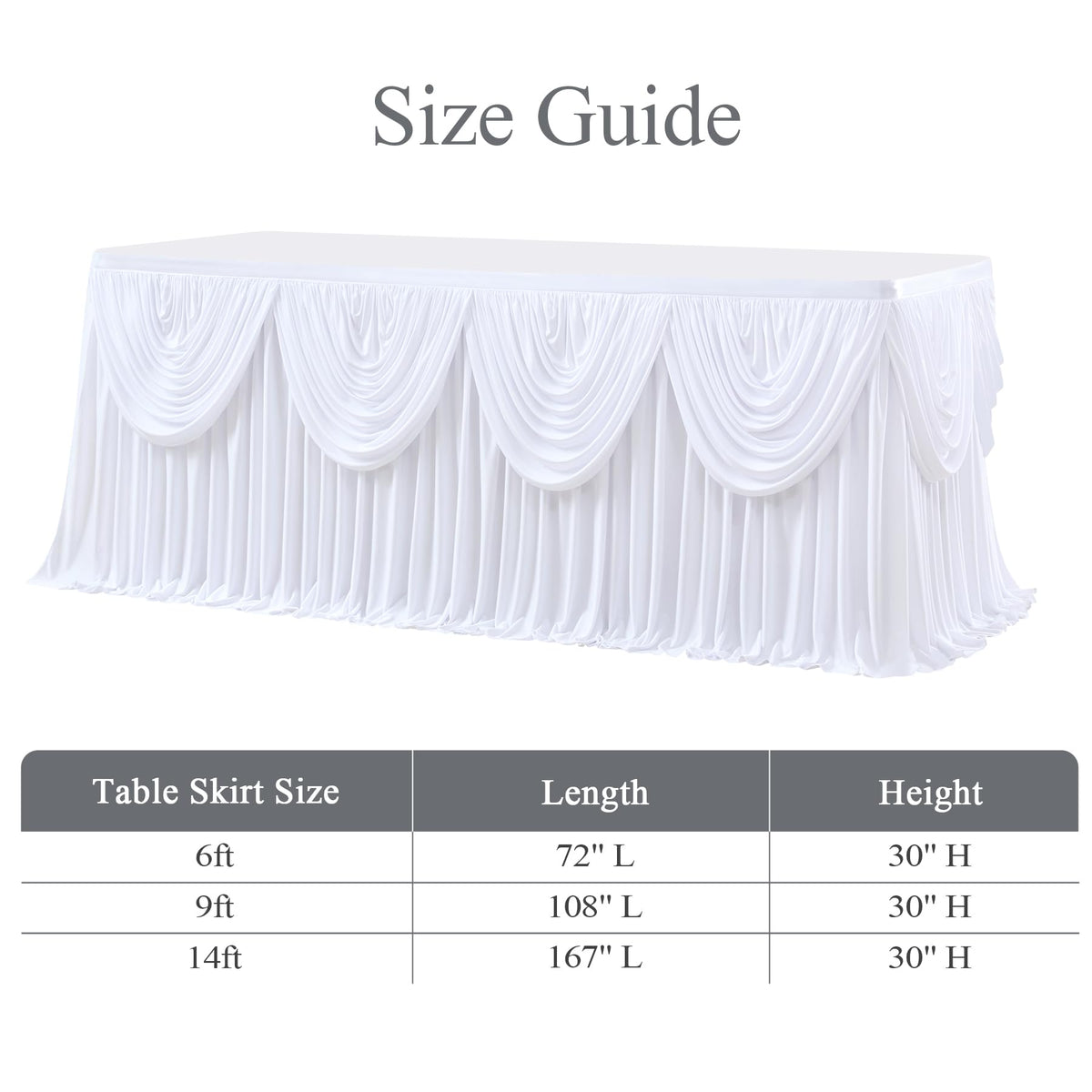 gogoparti White Tutu Table Skirts for Rectangle Tables 6ft Draped Pleated Table Skirt Polyester Tablecloth for Birthday Party Banquet Wedding Baby Shower