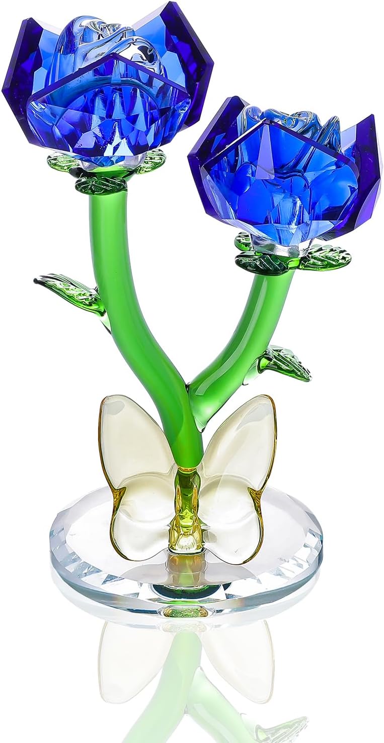 LONGWIN Crystal Blue Rose Figurine - Elegant Glass Flower Bouquet Home Decor Gift for Women