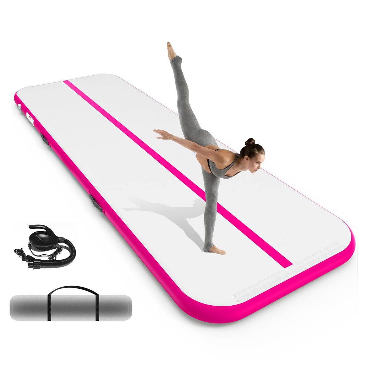 SWRORDAWN Inflatable Gymnastics Mat 13ft, 4 inches Thickness Gymnastic Mats with Electric Pump and Carry Bag for Kids Home Use Outdoor Training Yoga Cheerleading Gym Studio Backyard Park, Pink