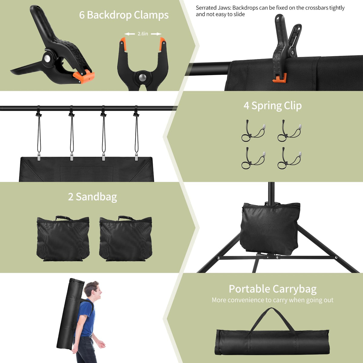 Backdrop Stand 10x7ft(WxH) Photo Studio Adjustable Backdrop Stand Kit Photography Backdrops with 4 Crossbars, 6 Clamps, 4 Spring Clip, 2 Sandbags and Carry Bag for Parties/Wedding/Photography