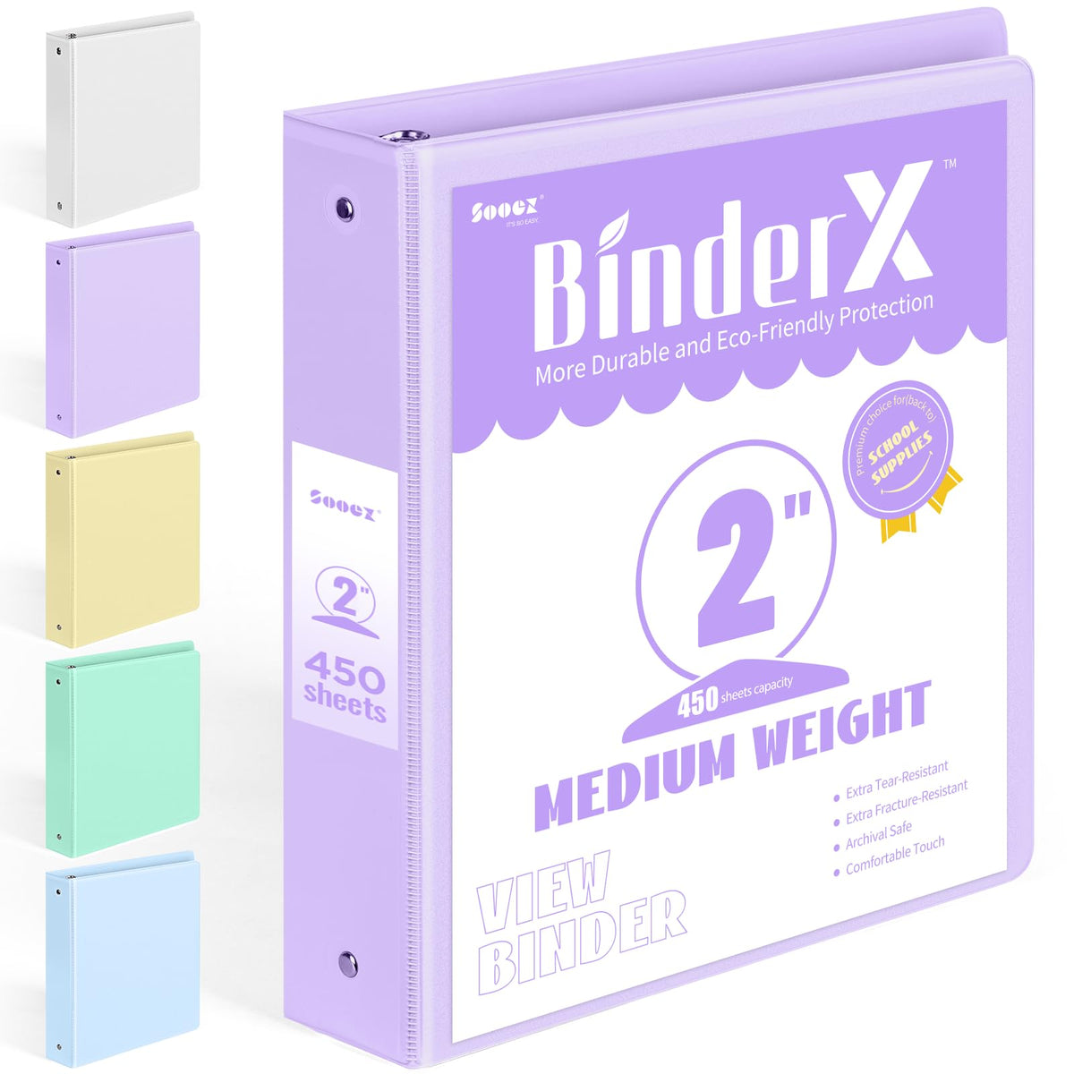 BinderX Extra Durable 3 Ring Binder, Round Ring 2 Inch Binders, Fits 450 Sheets of 8.5x11 Paper, Customizable View Cover with Inside Pockets, Cute 2" Binder, School Supplies for Girl, Lavender Purple