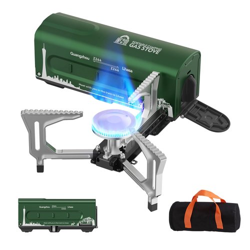 INFOOD Portable Butane Gas Camping Stove - 7500 BTU Compact Folding Design with Carry Bag for Backpacking, RV Trips, Picnic & Outdoor Indoor Cooking, Green