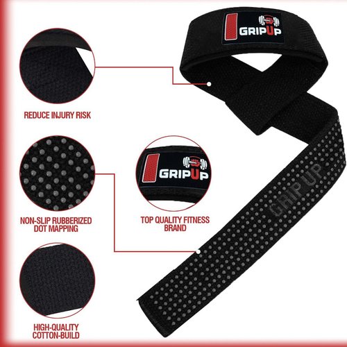 GripUpBar Lifting Straps For Weight Lifting Gel Grips Heavy Duty Gym Strap Cotton Wrist Support Neoprene Padded Anti Slip Dumbbell Bar Wraps For Bodybuilding Deadlifts Barbells Workouts Men Women (Black)